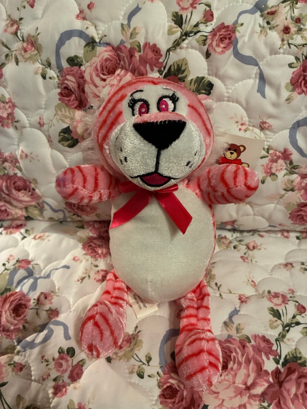 NWT-Pink Striped Plush Tiger with Red Bow